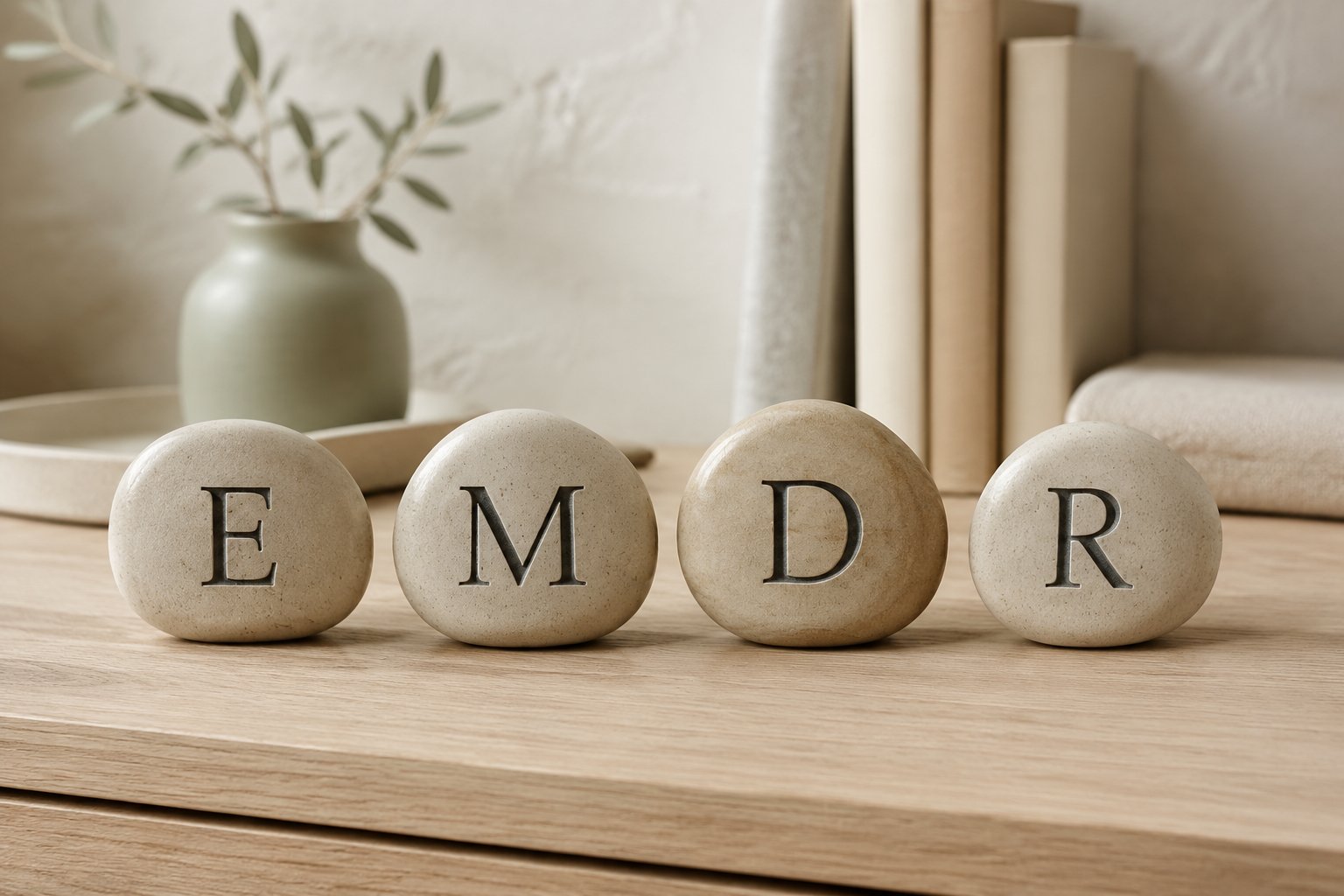 Smooth stones spelling E M D R on a wooden shelf beside a sage vase and olive branch