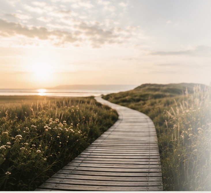 A wooden boardwalk path winding through a meadow toward the sunrise over calm water